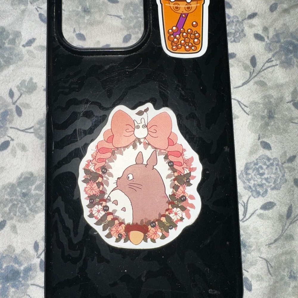 Cute Black Phone Case with Totoro and Boba Stickers